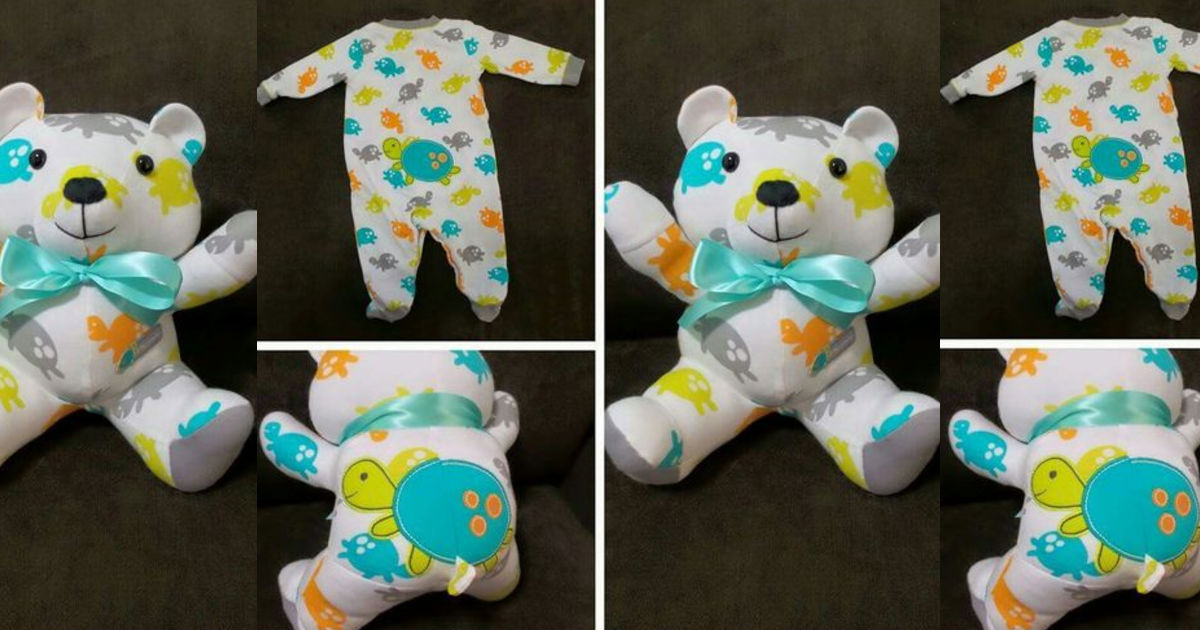 teddy bear with baby clothes